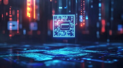 Futuristic QR Code Hologram Floating Above a Circuit Board Digital Technology Background