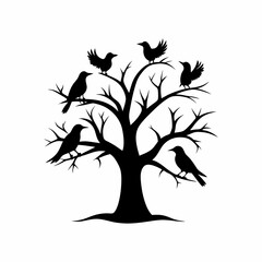 vector-silhouette-of-ravens-and-crows-on-tree-Stoc