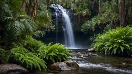 Obraz premium Nature’s Tranquil Splendor: Wollemi Pine Beside a Soothing Waterfall