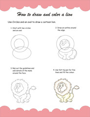 How to draw and color a lion for children. Step by step drawing tutorial. A simple guide to learning to draw. Drawing and coloring worksheet. Coloring lion
