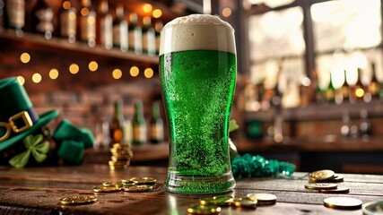 A pint of green beer stands on a wooden bar counter. St. Patrick's Day celebrations. Golden coins around and a green leprechaun hat in background. Holiday atmosphere