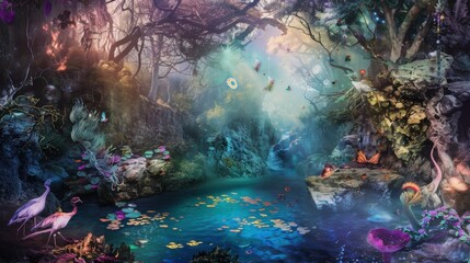 a imaginative fantasy landscape with mythical creatures and magical flora, No objects, white space in the center of the page for text