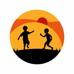 Vector-silhouette children playing standing together at sunset (3)