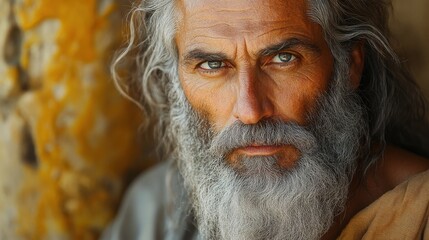 portrait of an old patriarch with a long beard and mustache on the background of an ancient wall biblical character