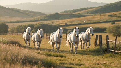 Fototapeta premium Four white horses running in a field with a wooden fence and hills in the background at dawn.