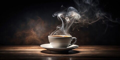 A delicate artistic illustration of a smoke-filled cup of coffee on black background, with subtle textures and shading to convey warmth and depth, artwork, black