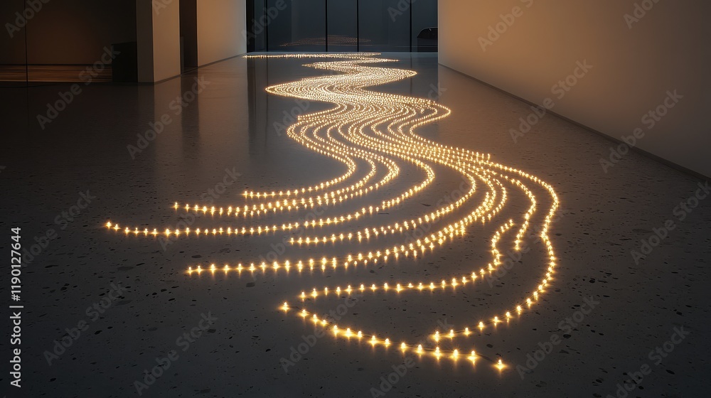 Poster glowing custom shape lights in a wave-like pattern with ample space for copy in the lower part of th