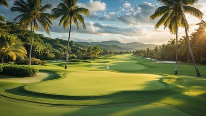 Tropical palm trees line a sunny seaside golf course with lush green grass