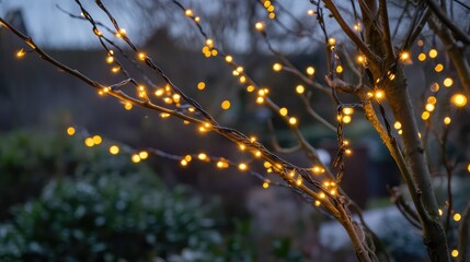 Glowing vibrant lights wrapped around tree branches in a festive outdoor display, with a blurred dark background for ample copy space