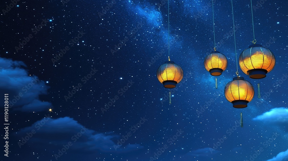 Poster lanterns floating gracefully in the dark night sky, casting a magical light with empty space for tex