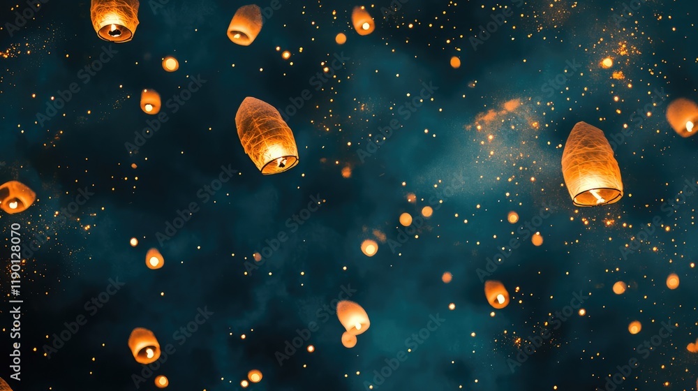 Poster lanterns floating gracefully in the dark night sky, casting a magical light with empty space for tex
