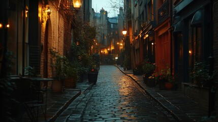 Fototapeta premium Lantern-style outdoor lights glowing on a cobblestone street in a cozy, picturesque evening scene