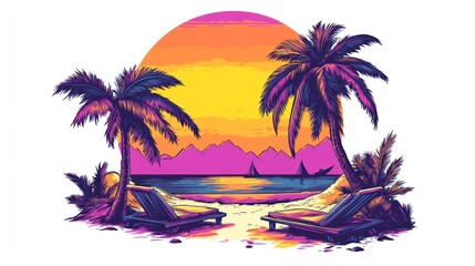 Tropical beach sunset, lounge chairs, sailboat, vacation