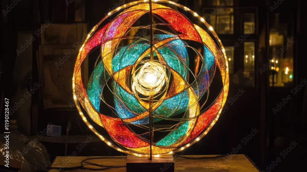 Poster multicolored string lights wrapped around a metal frame in a decorative pattern, glowing brightly ag