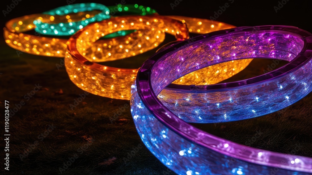 Poster multicolored string lights wrapped around a metal frame in a decorative pattern, glowing brightly ag