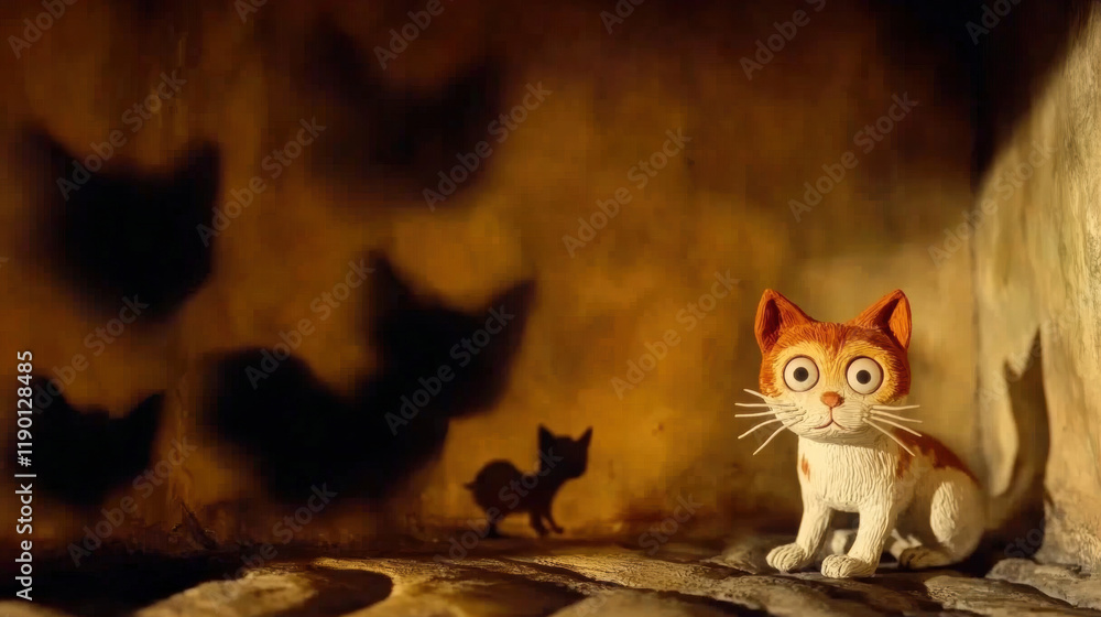 Poster claymation cat, a whimsical, animated cat gazes curiously at shadowy feline shapes on the wall, crea