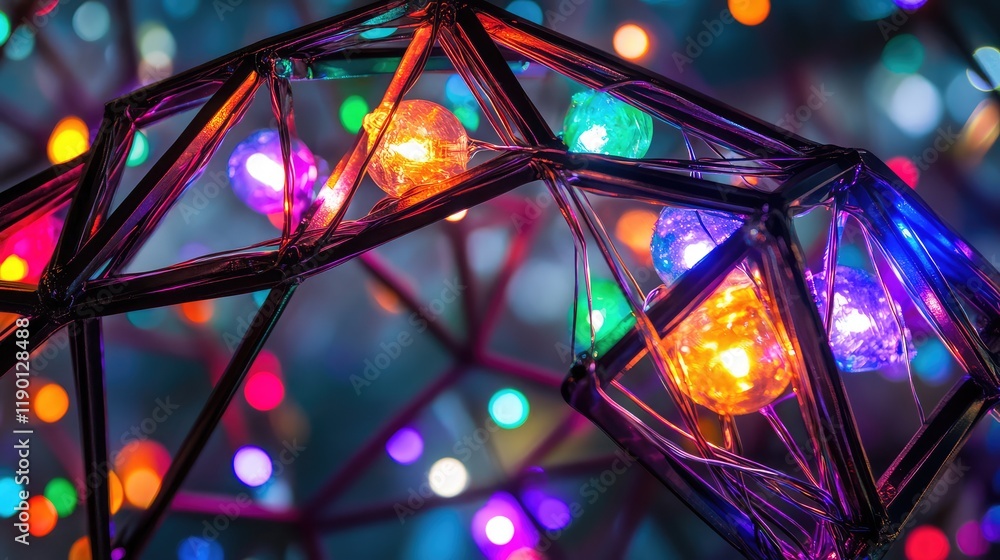 Poster multicolored string lights wrapped around a metal frame in a decorative pattern, glowing brightly ag