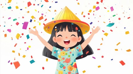 Fototapeta premium A playful cartoon girl wearing a Chinese-style hat and tossing colorful confetti, celebrating with excitement, on white