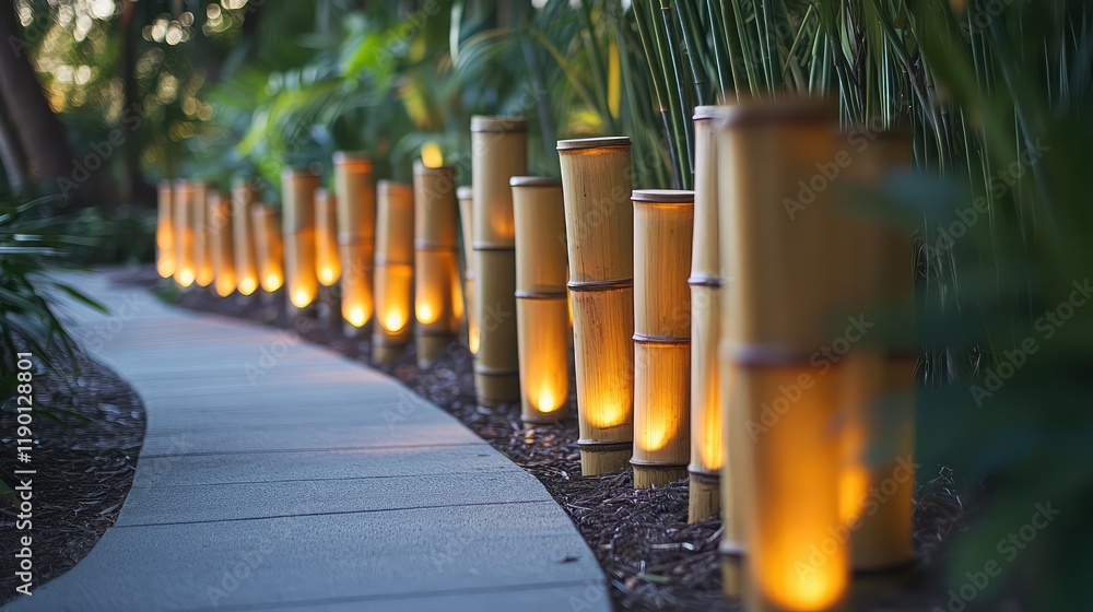 Poster rows of bamboo lanterns gently swaying in the breeze, casting a soft light with plenty of copy space