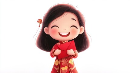 A sweet cartoon girl in a festive qipao holding a red envelope and smiling brightly, perfect for Chinese New Year themes, on white