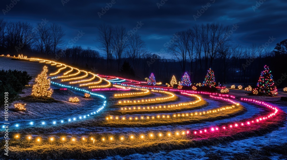 Poster rows of festive lights glowing brightly in vibrant colors, creating an abstract pattern against a da