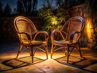 Obraz premium Illuminated rattan chairs glow against a dark backdrop, creating enchanting outdoor seating.