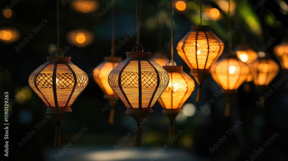 Poster Softly glowing bamboo lanterns hanging from thin strings, casting intricate shadows with clear space for copy in the foreground