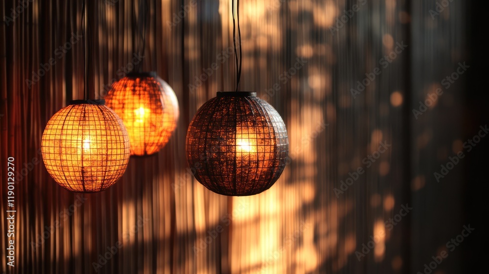 Poster softly glowing bamboo lanterns hanging from thin strings, casting intricate shadows with clear space