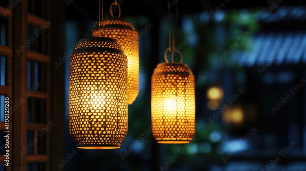 Poster softly glowing bamboo lanterns hanging from thin strings, casting intricate shadows with clear space