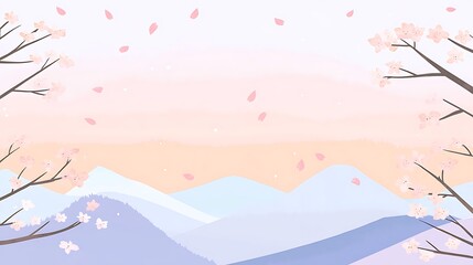A Beautiful Landscape of Cherry Blossoms and Mountains Under a Soft Sky