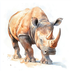 Fototapeta premium Rhino standing in snow covered landscape with a clear blue sky in the background and white snow on the ground