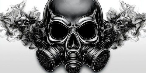 A macabre image of a skull combined with a protective gas mask.