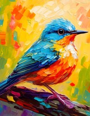 Fototapeta premium colorful Oil Painted Sparrow on Tree Branch