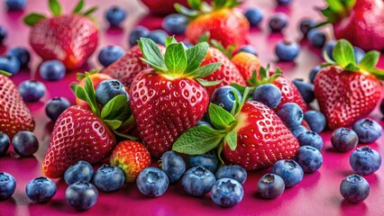 Obraz premium Juicy strawberries and blueberries burst against a vibrant pink backdrop, capturing summer's sweetness.