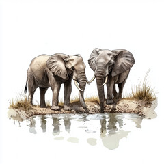 Fototapeta premium Two elephants standing next to a body of water in a natural habitat during the day