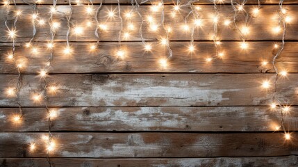 Naklejka premium Warm white fairy lights draped across a rustic wooden backdrop, creating a cozy and inviting atmosphere