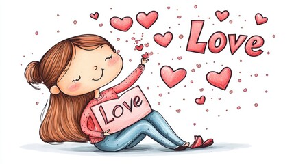 A cartoon girl sitting with a "Love" sign and tossing glittery hearts into the air, looking festive, isolated on white