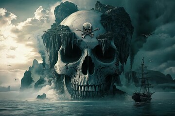 Fototapeta premium Mysterious ghost island features a giant pirate skull.