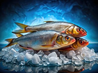 Market-fresh fish, creatively displayed on ice.  Stunning seafood still life, perfect for culinary publications.