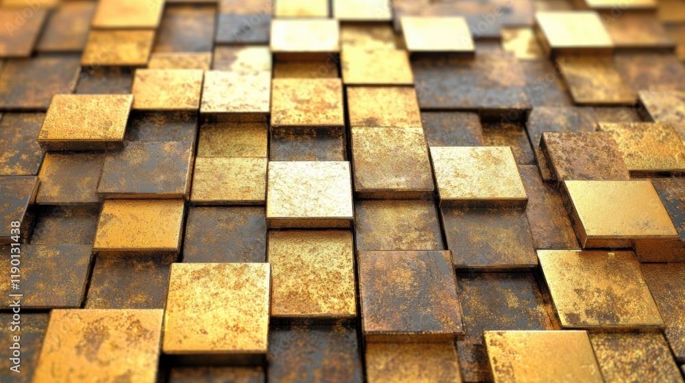 Poster a collection of golden abstract squares with reflective surfaces exhibits a unique texture and patte