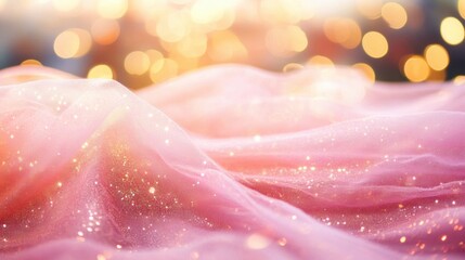 Soft pink silk waves glisten with sparkles, creating a serene and elegant background ideal for enhancing beauty and creativity