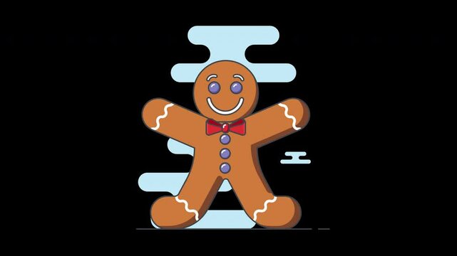 A cheerful cartoon gingerbread man with a bow tie, set against a colorful background.