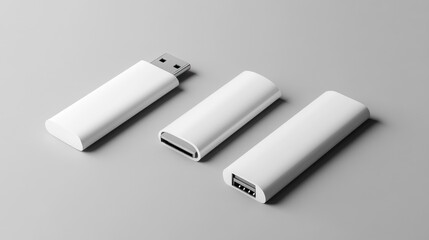 Three White USB Flash Drives Mockup on Gray Background