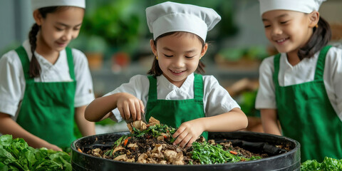 Sustainable Living Organic composting concept, Two children in green aprons engage in composting, joyfully mixing organic waste in a large container amidst a lush, green backdrop.