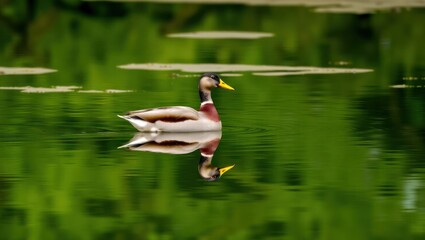 Obraz premium A great crested grebe and a duck swim in the pond's reflecting blue water, showcasing the beauty of wild birds in their natural habitat