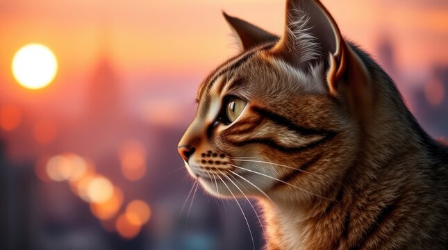 Close-up portrait of a cute grey tabby cat with piercing green eyes