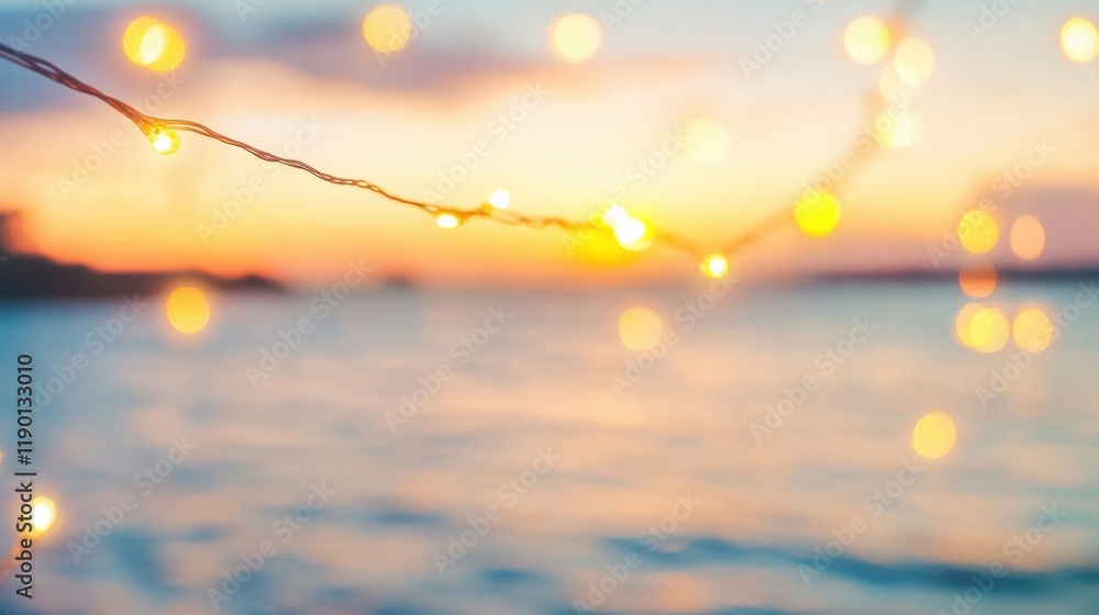 Poster golden string lights twinkle against a backdrop of a colorful twilight sky reflecting on calm water 