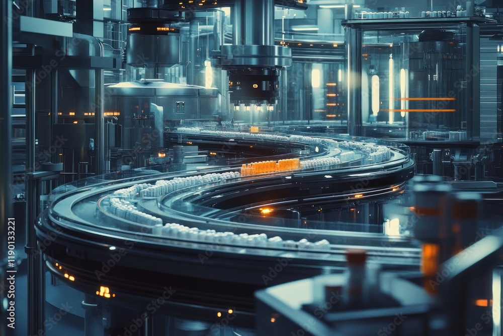 Poster futuristic factory assembly line: high-tech automated production process