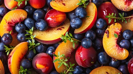 tasty and fresh marinated nectarine, blueberries with pieces of thyme background