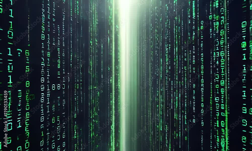 Fototapete flying through dynamic binary code matrix animation with glowing green numbers cascading down a dark